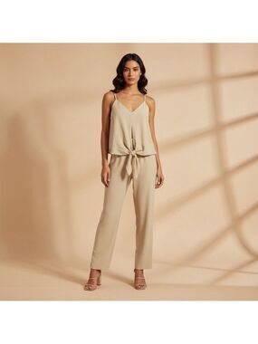 TCEC Beige Tie-Front Sleeveless Jumpsuit S (17” PTP)